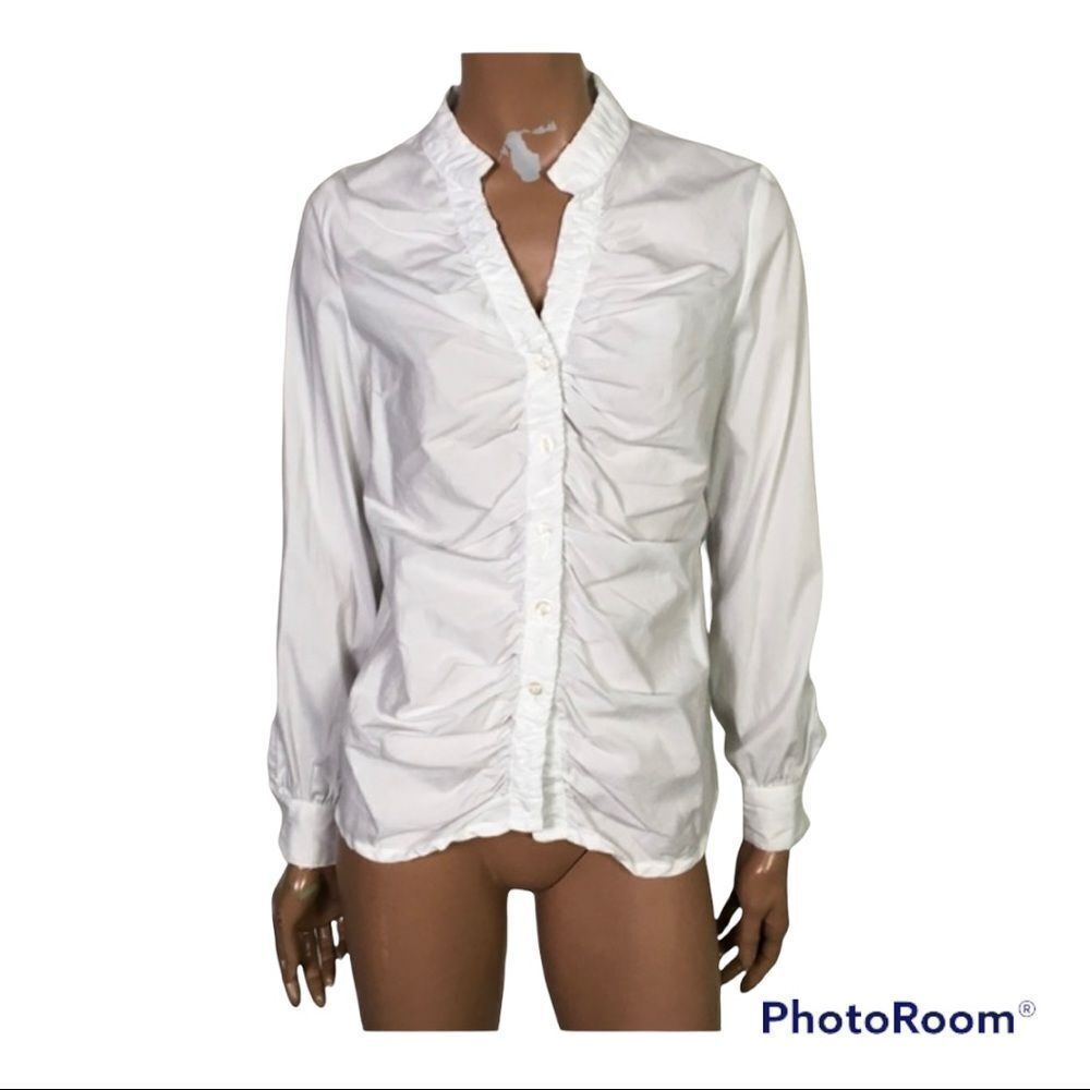 Joseph A White V-Neck Ruched Button Front Long Sleeves Mandarin Collar Shirt S